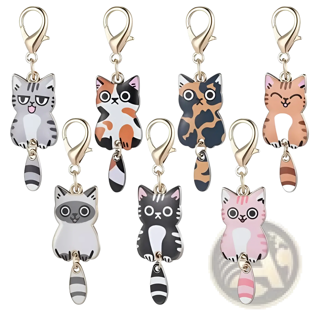 Enamel cat keychain with cute enamel cat-shaped zipper pulls in assorted colors and gold-toned clasps