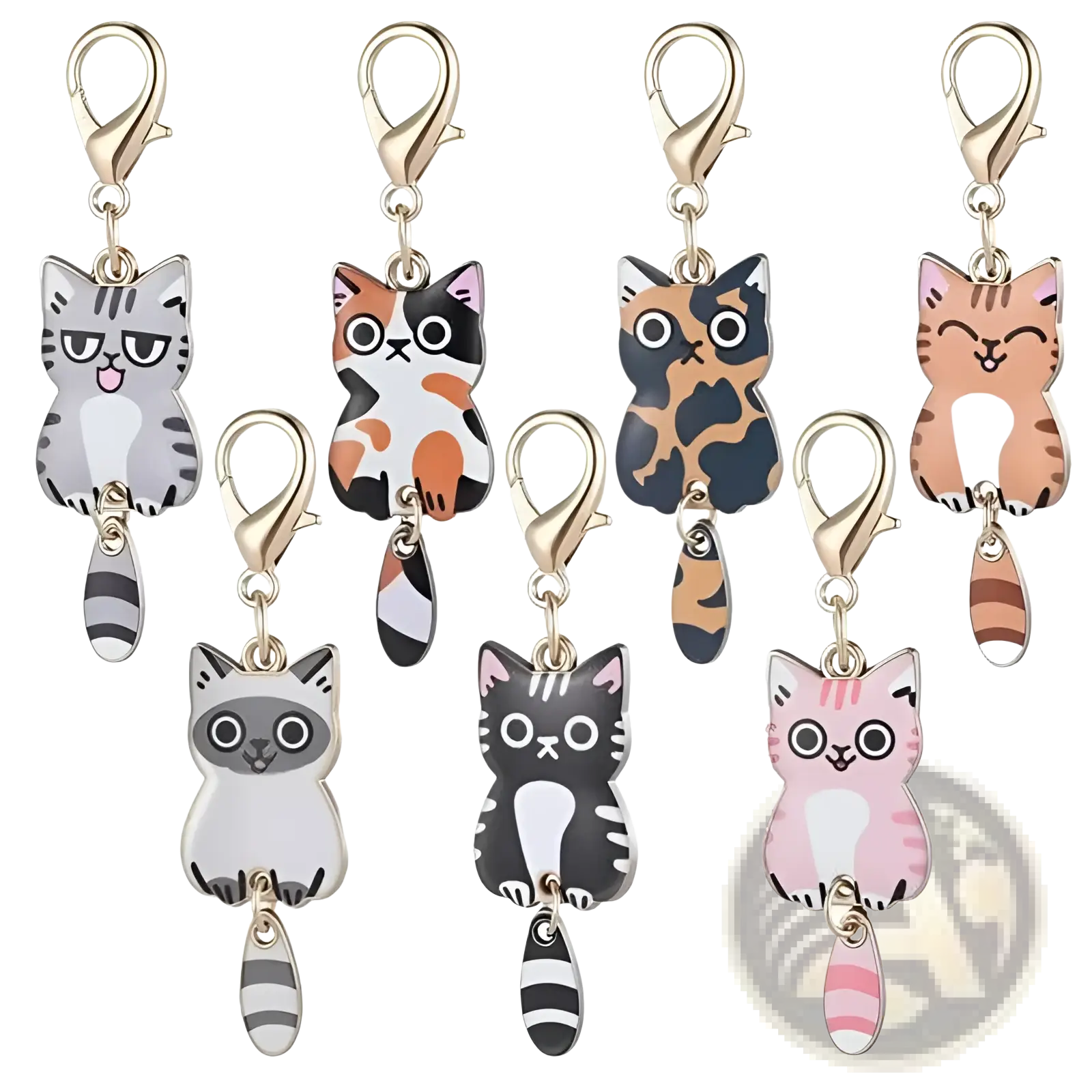 Enamel cat keychain with cute enamel cat-shaped zipper pulls in assorted colors and gold-toned clasps