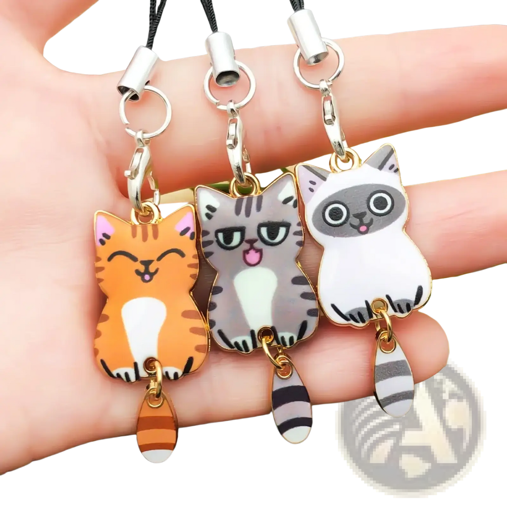 Enamel cat keychain and cute charms featuring three colorful cartoon cat phone charm pendants with striped tails