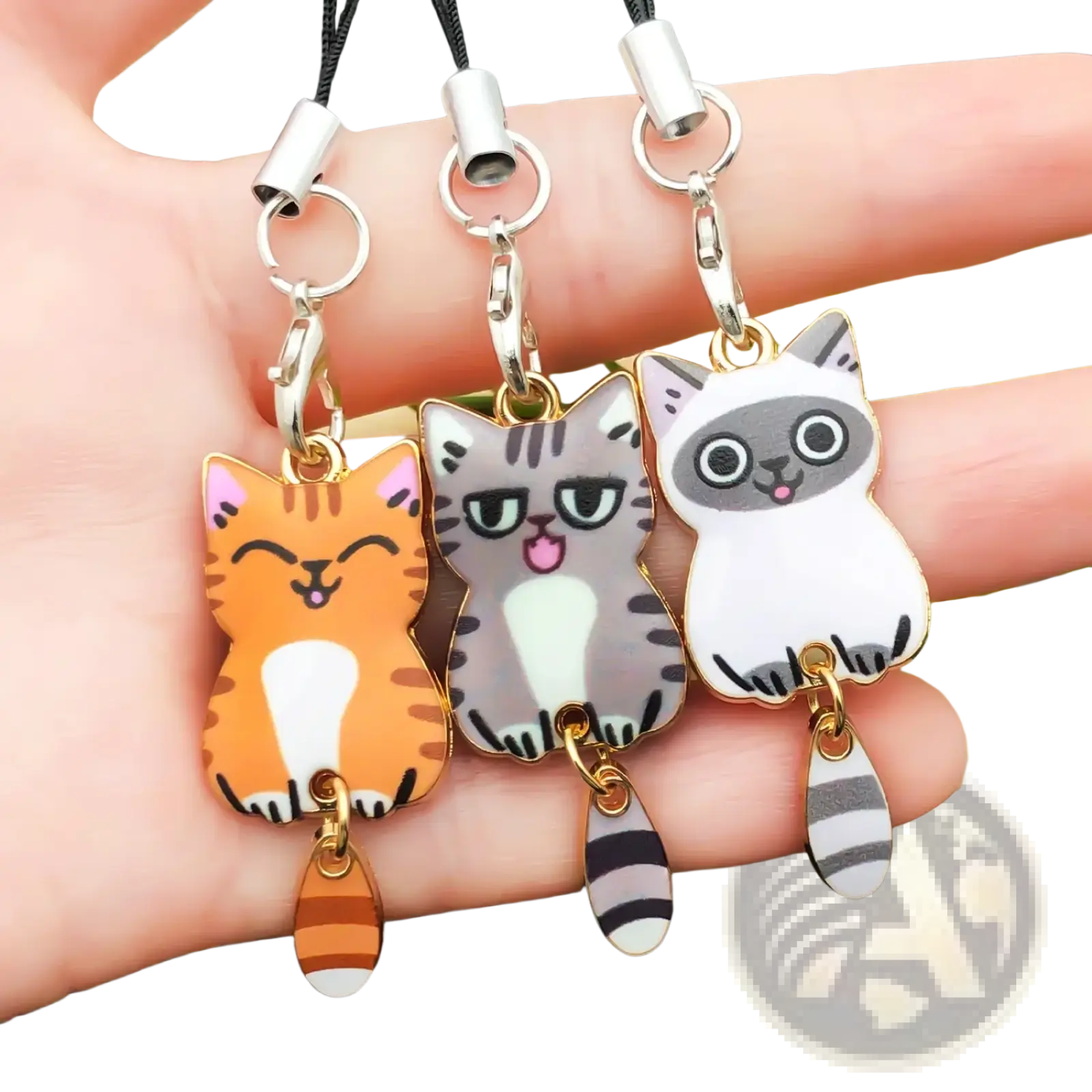 Enamel cat keychain and cute charms featuring three colorful cartoon cat phone charm pendants with striped tails