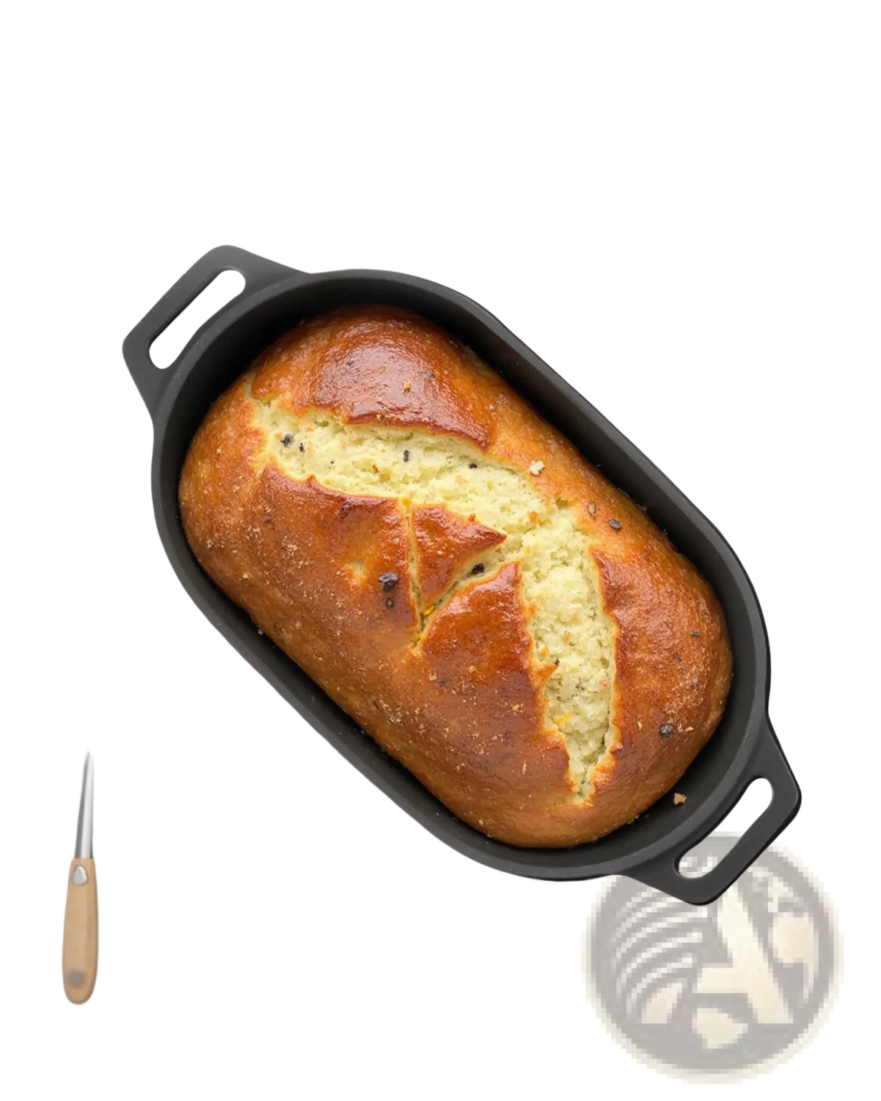 Golden-brown loaf of bread in a black enameled cast iron 3.5 qt oval Dutch oven with side handles