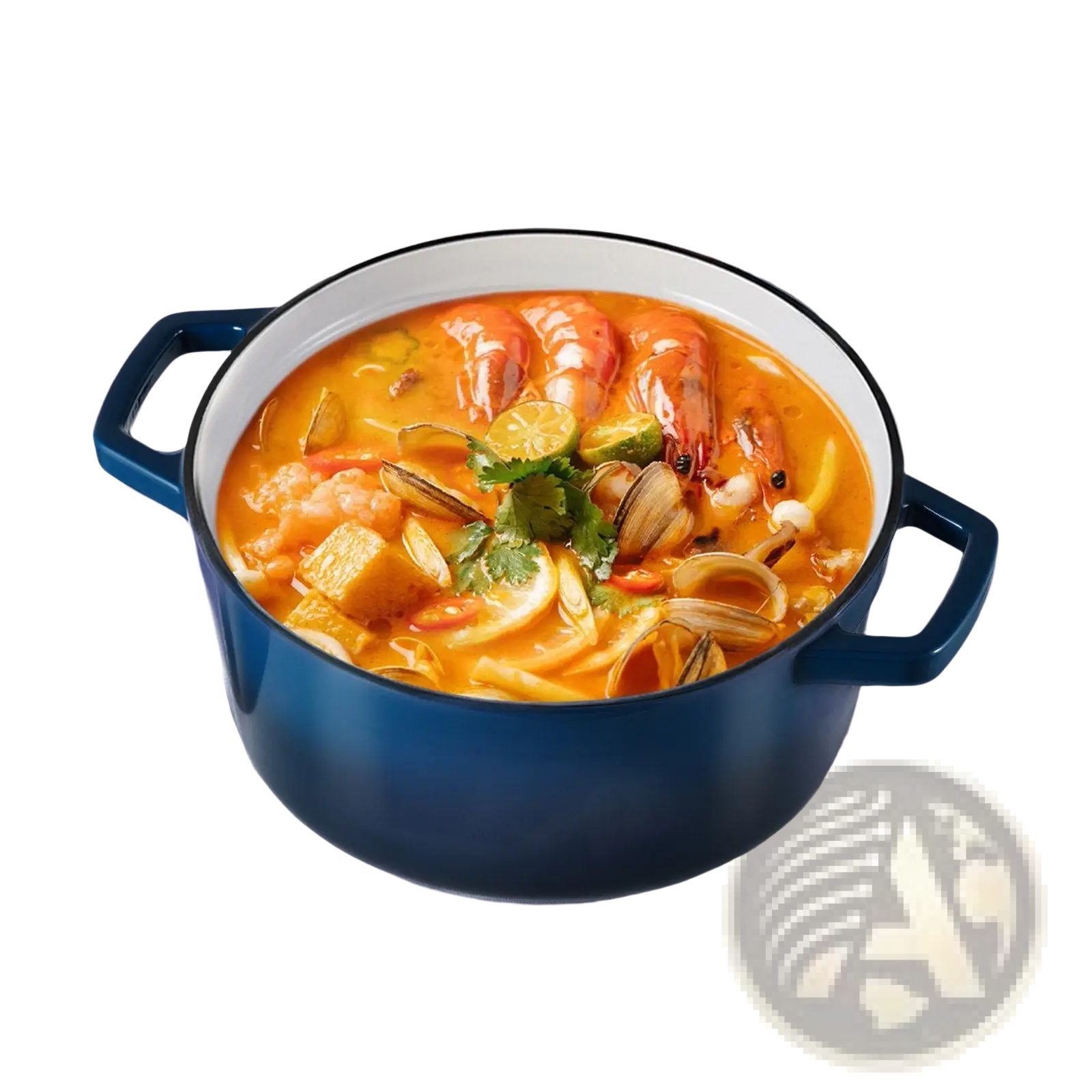 Deep blue enameled cast iron dutch oven with black rim and handles filled with vibrant orange seafood stew