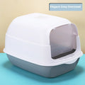 Elegant gray oversized cat litter box with white translucent lid and integrated tray for enclosed cat litter use