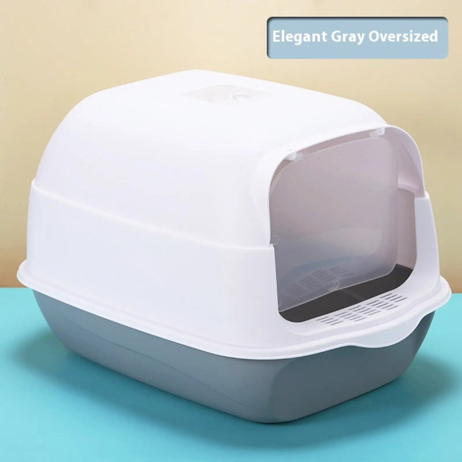 Elegant gray oversized cat litter box with white translucent lid and integrated tray for enclosed cat litter use