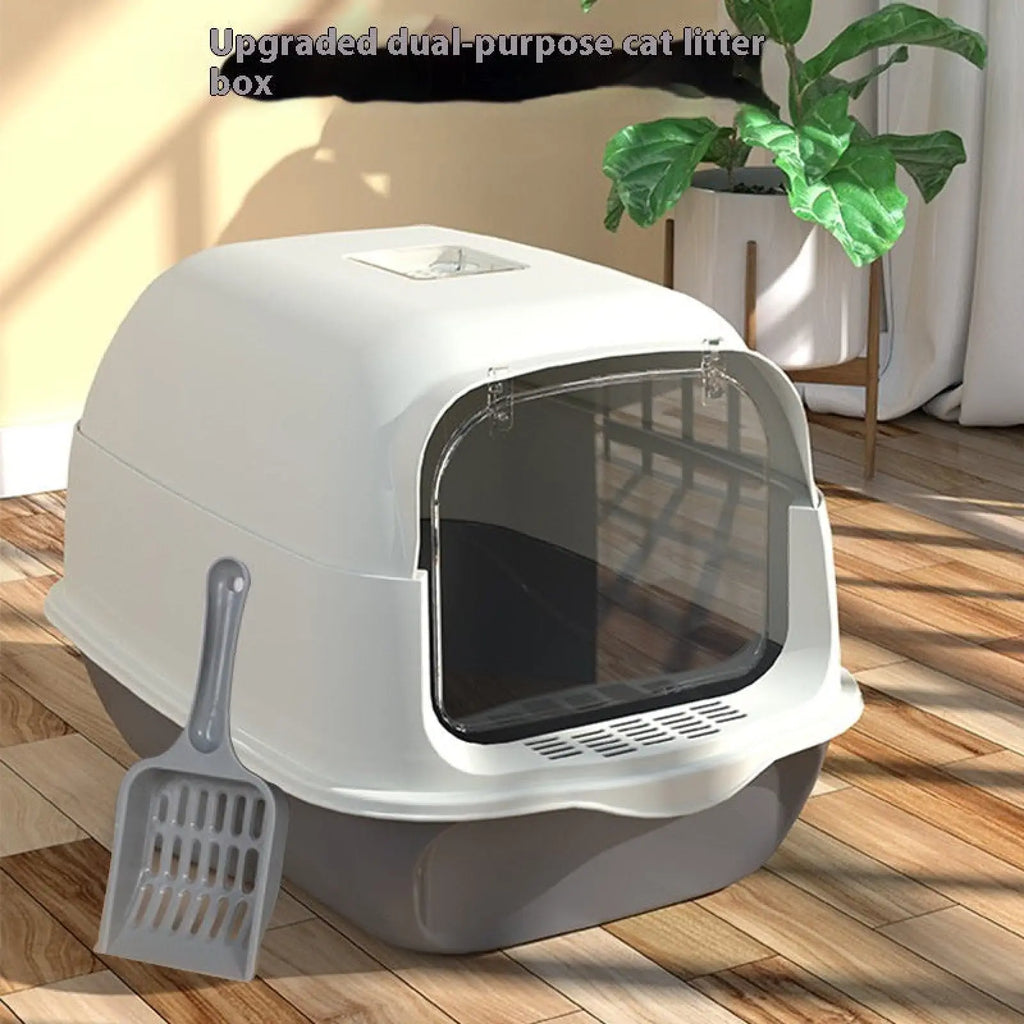 Enclosed cat litter box Sakura Pink in white and gray with a transparent front panel for dual-purpose use