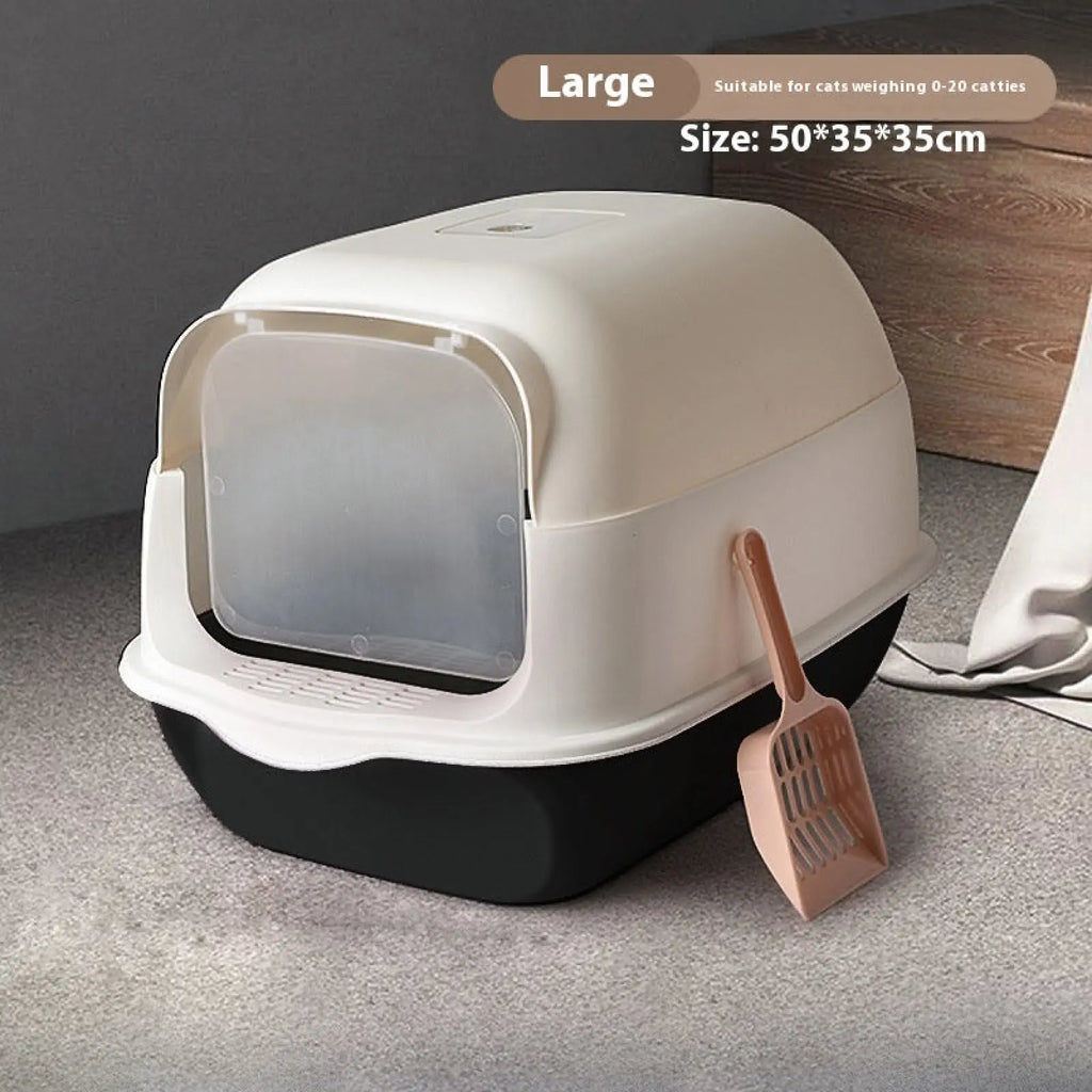 Cream and black two-tone plastic enclosed cat litter box sakura pink with hinged lid measuring 50x35x35cm
