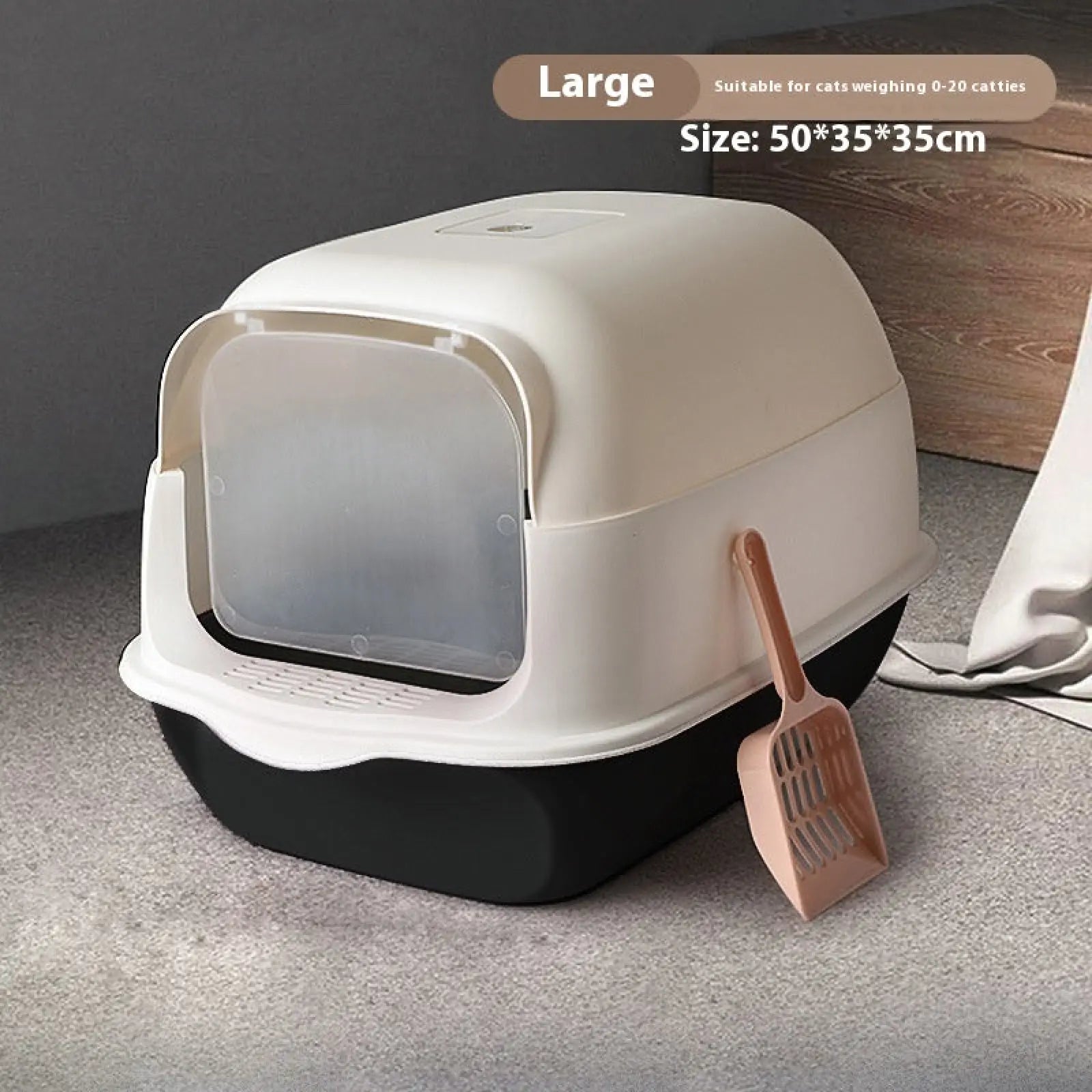 Cream and black two-tone plastic enclosed cat litter box sakura pink with hinged lid measuring 50x35x35cm
