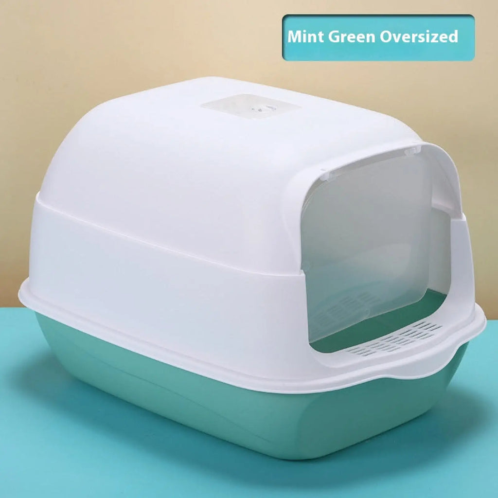 Enclosed cat litter box sakura pink with mint green oversized design and white plastic lid and base for pet use