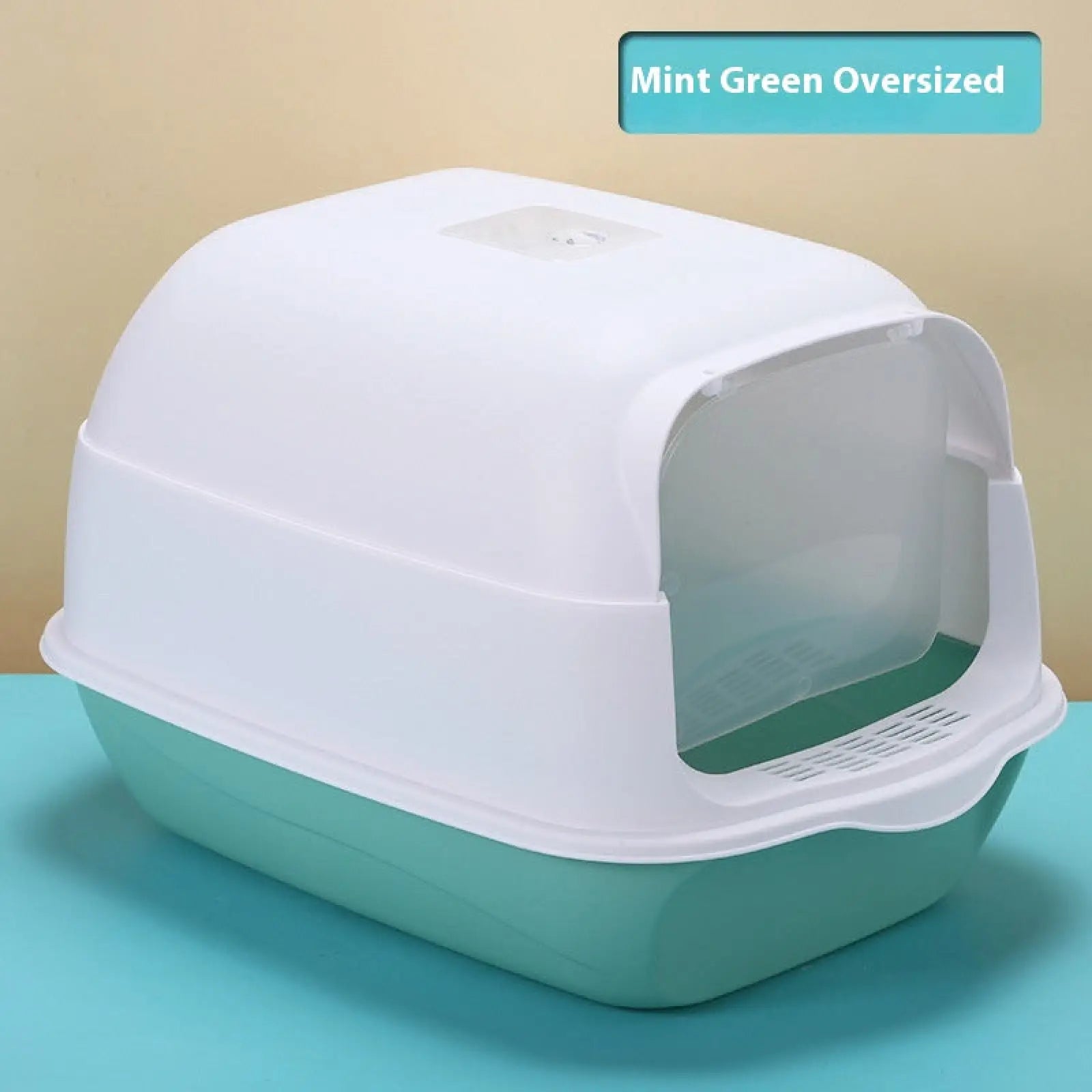 Enclosed cat litter box sakura pink with mint green oversized design and white plastic lid and base for pet use