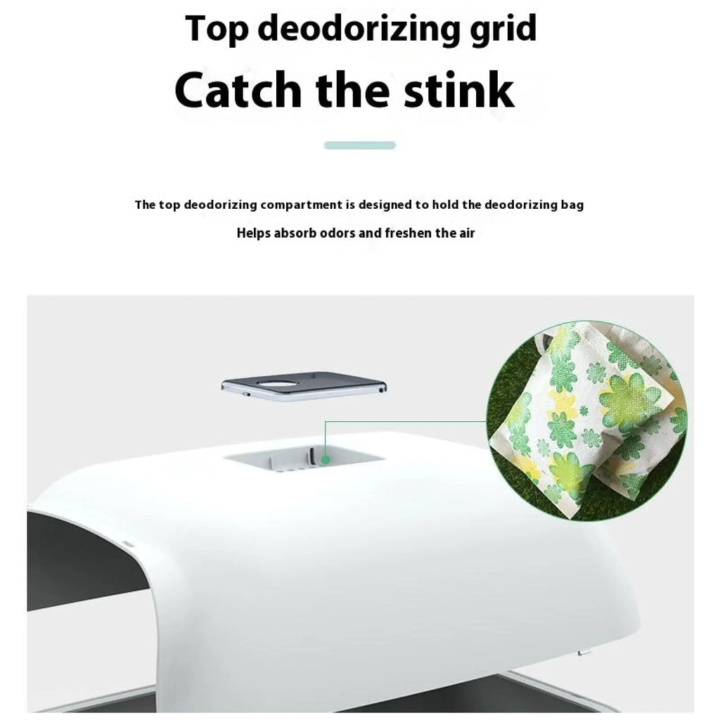 White plastic deodorizing grid with rectangular opening for odor-absorbing bags on enclosed cat litter box sakura pink