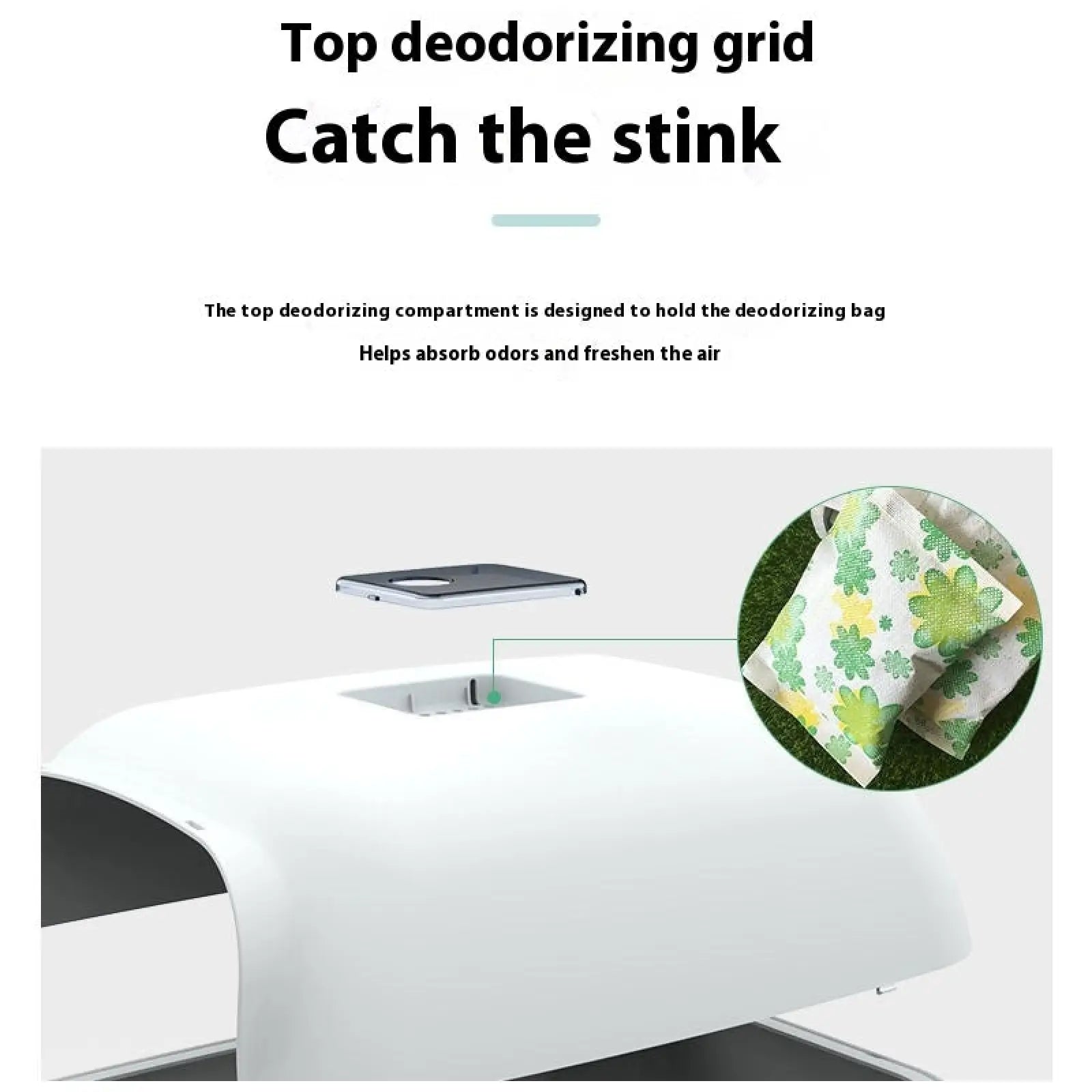 White plastic deodorizing grid with rectangular opening for odor-absorbing bags on enclosed cat litter box sakura pink