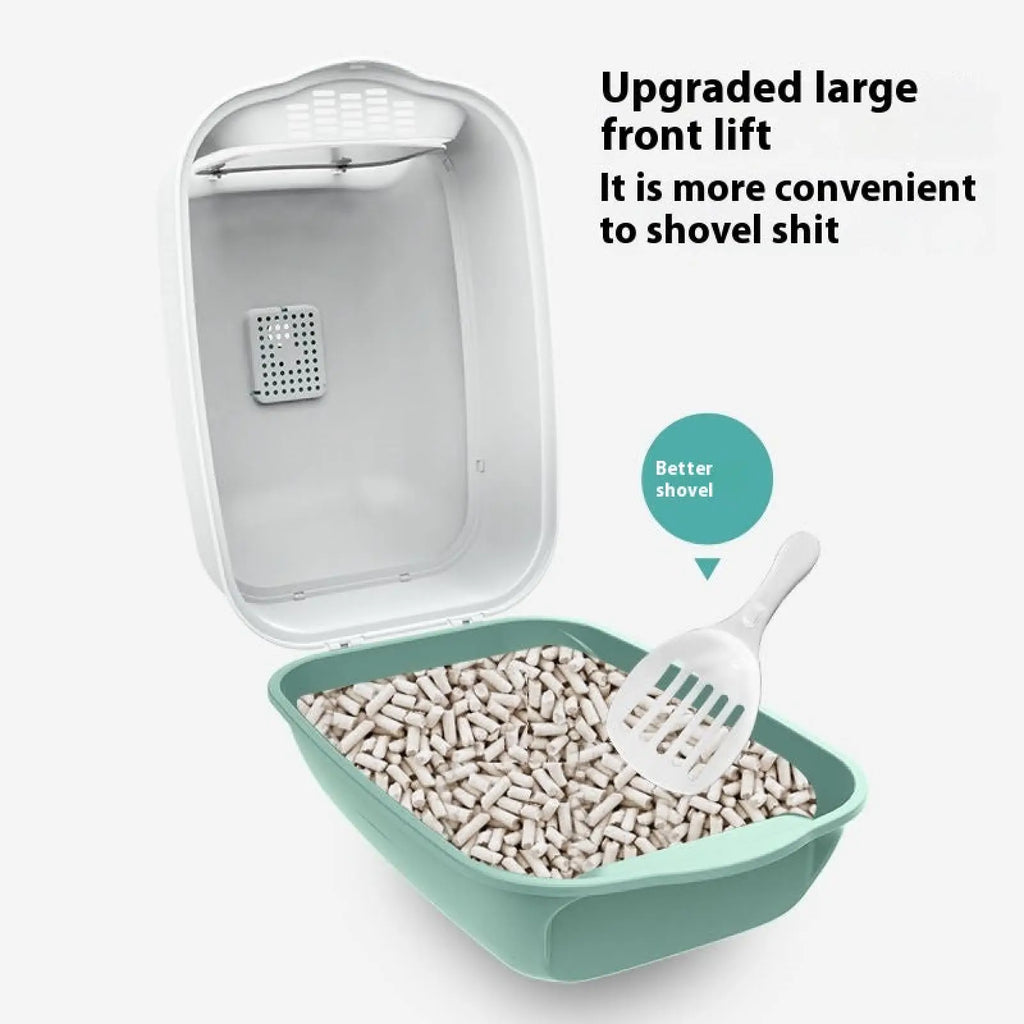 Teal and white plastic enclosed cat litter box with upgraded front lift design for easy access