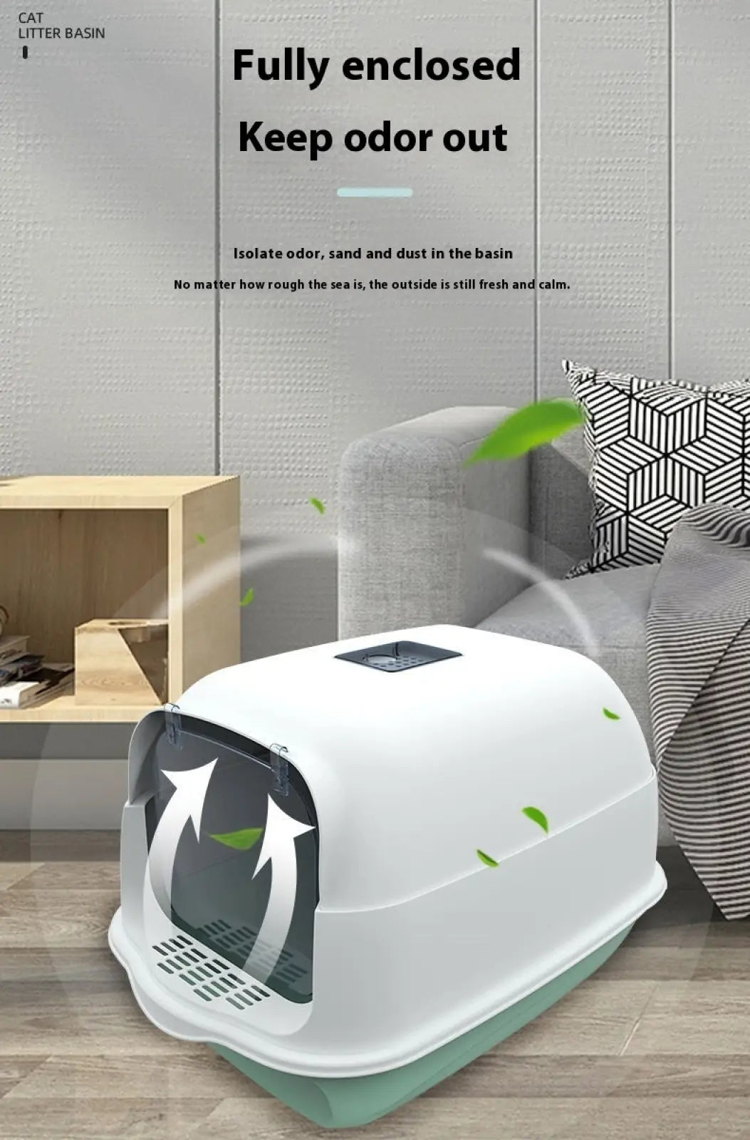 Enclosed cat litter box sakura pink in white and mint green featuring a fully enclosed sleek modern design