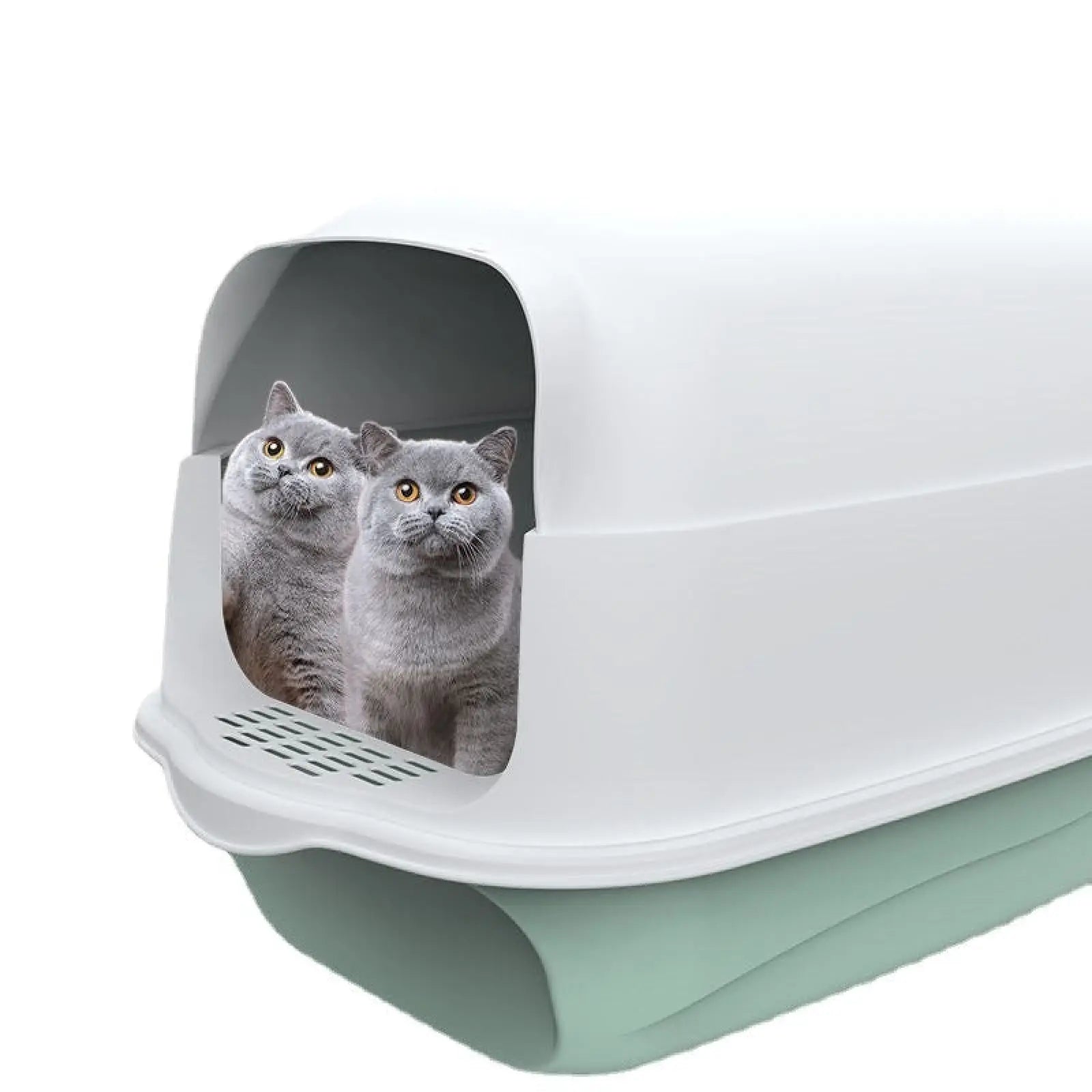 Enclosed cat litter box sakura pink with white and mint green two-tone plastic and covered entrance design