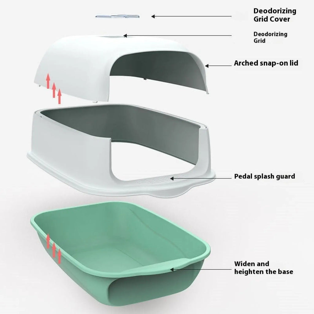 Enclosed cat litter box sakura pink in white and mint green with snap-on lid deodorizing grid splash guard and wide base