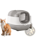 Gray and white plastic enclosed cat litter box with scoop and dual entry featuring a transparent front panel