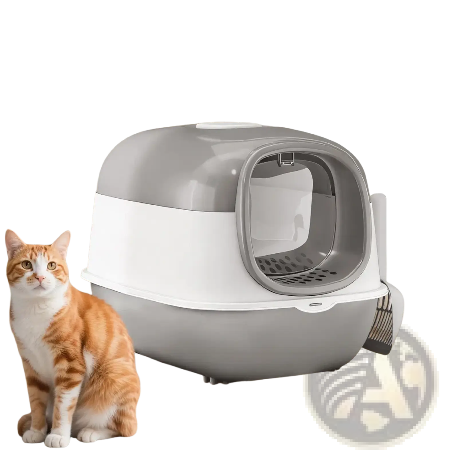Gray and white plastic enclosed cat litter box with scoop and dual entry featuring a transparent front panel
