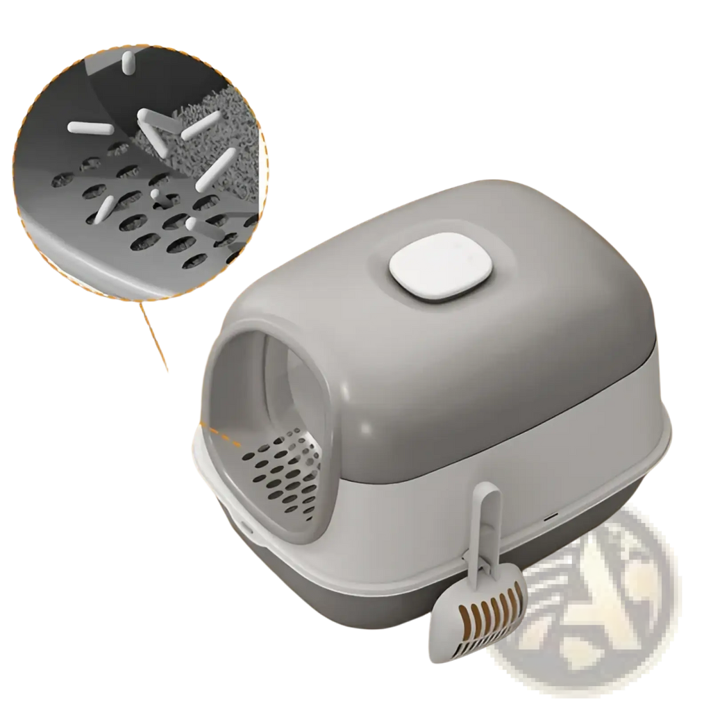 Enclosed gray plastic cat litter box with white handle scoop and matching filter mat featuring dual entry design