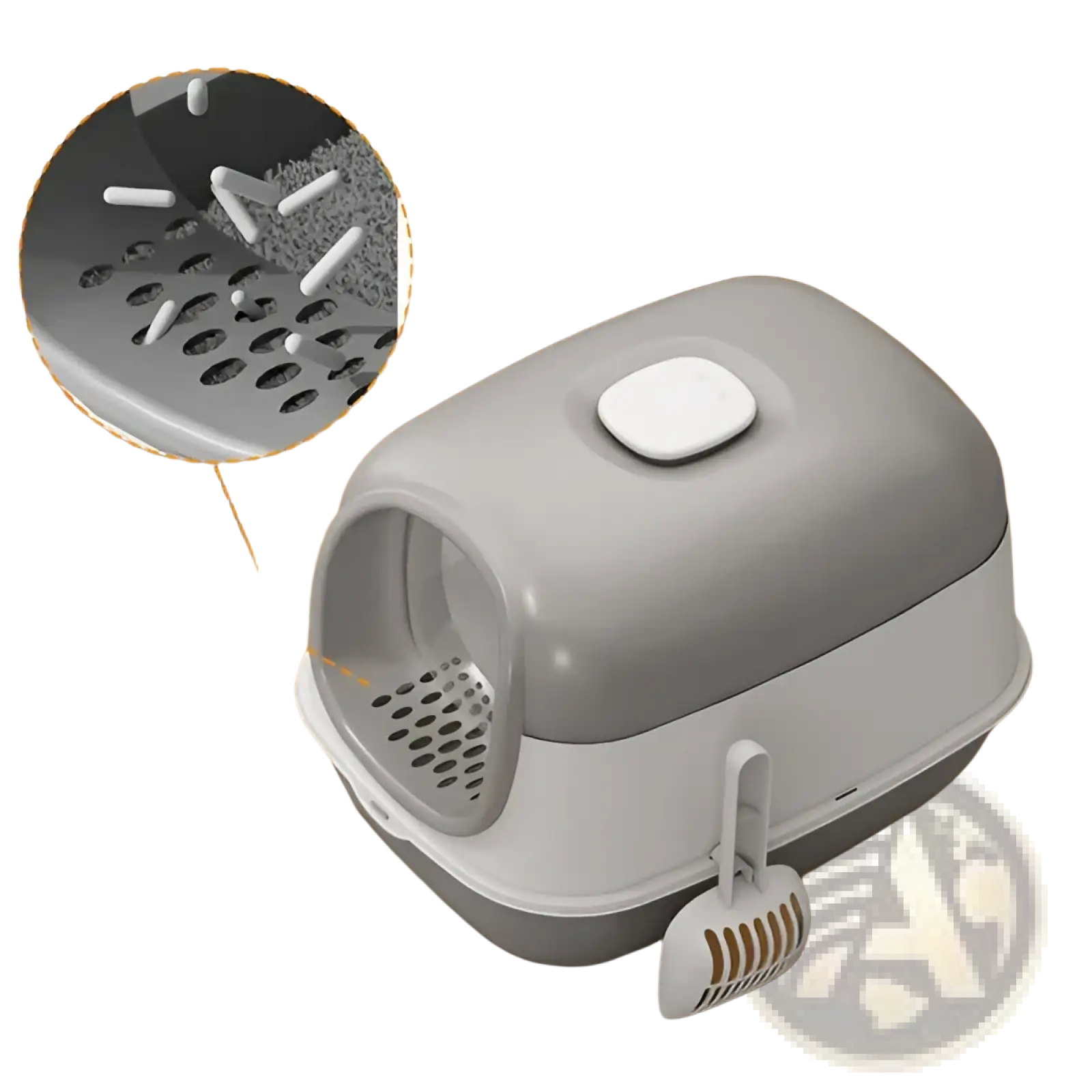 Enclosed gray plastic cat litter box with white handle scoop and matching filter mat featuring dual entry design