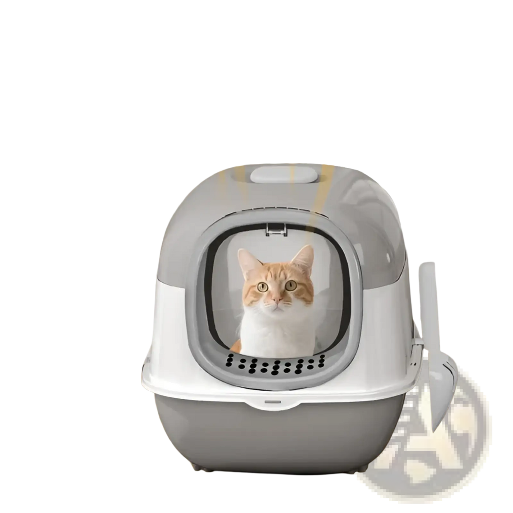 Gray and white enclosed cat litter box with transparent front panel featuring dual entry and included scoop