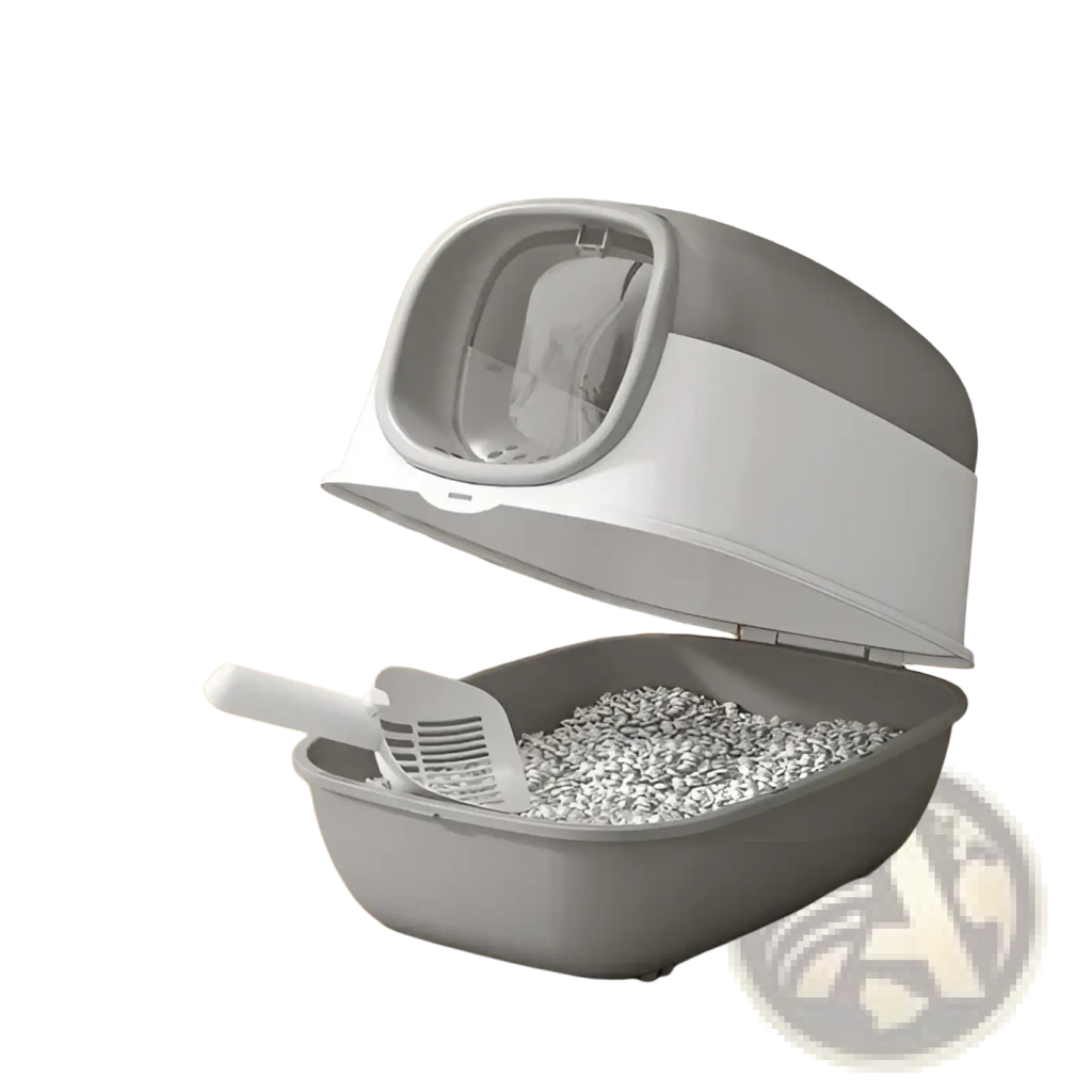 Enclosed gray and white plastic cat litter box with hinged lid scoop and dual entry for easy pet access