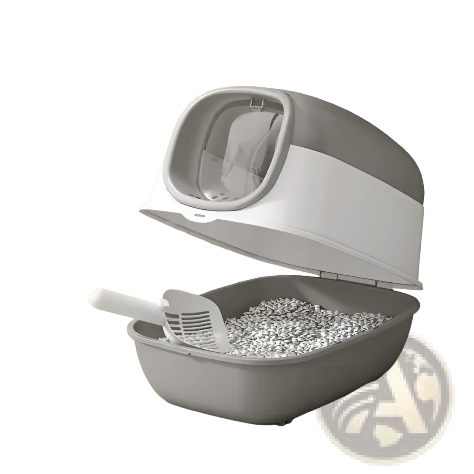 Enclosed gray and white plastic cat litter box with hinged lid scoop and dual entry for easy pet access