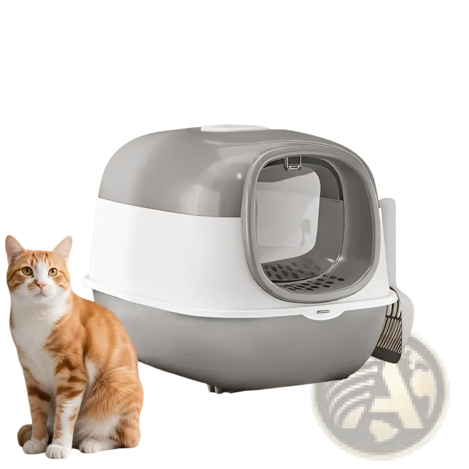 Enclosed cat litter box with scoop and dual entry in modern two-tone gray and white with sleek rounded design