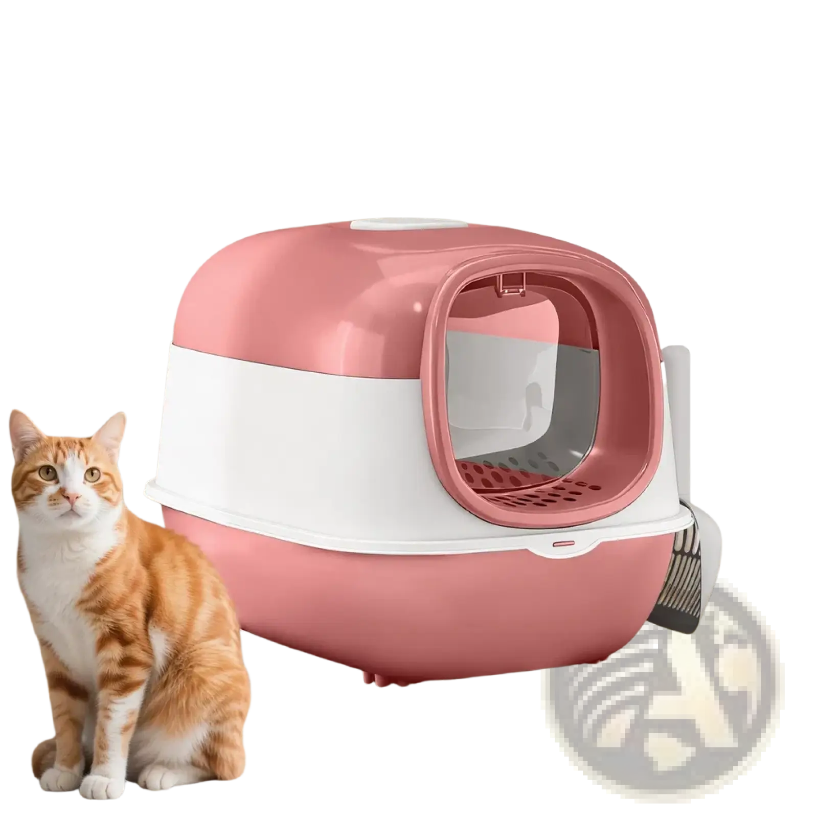 Pink and white plastic enclosed cat litter box with scoop and dual entry featuring a rounded design