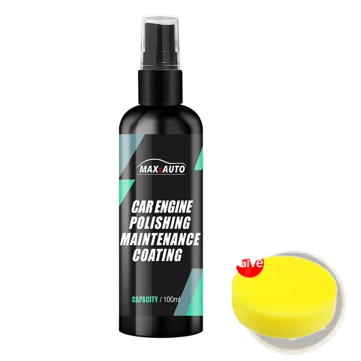 Black spray bottle with teal and white maxauto label 100ml engine bay cleaner and plastic restorer product