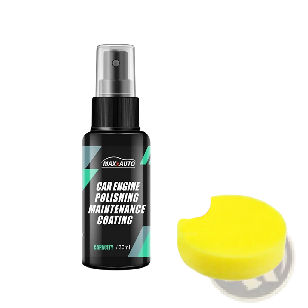 Black spray bottle with teal geometric accents labeled max auto car engine polishing maintenance coating 30ml for engine bay cleaning and plastic restoration