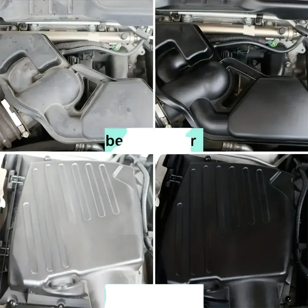 Black plastic engine cover with ribbed texture and molded contours for engine bay cleaner and plastic restorer use