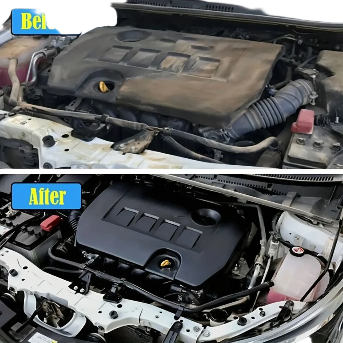 Black engine cover with matte finish and embossed rectangular patterns showcased in engine bay cleaner and plastic restorer use