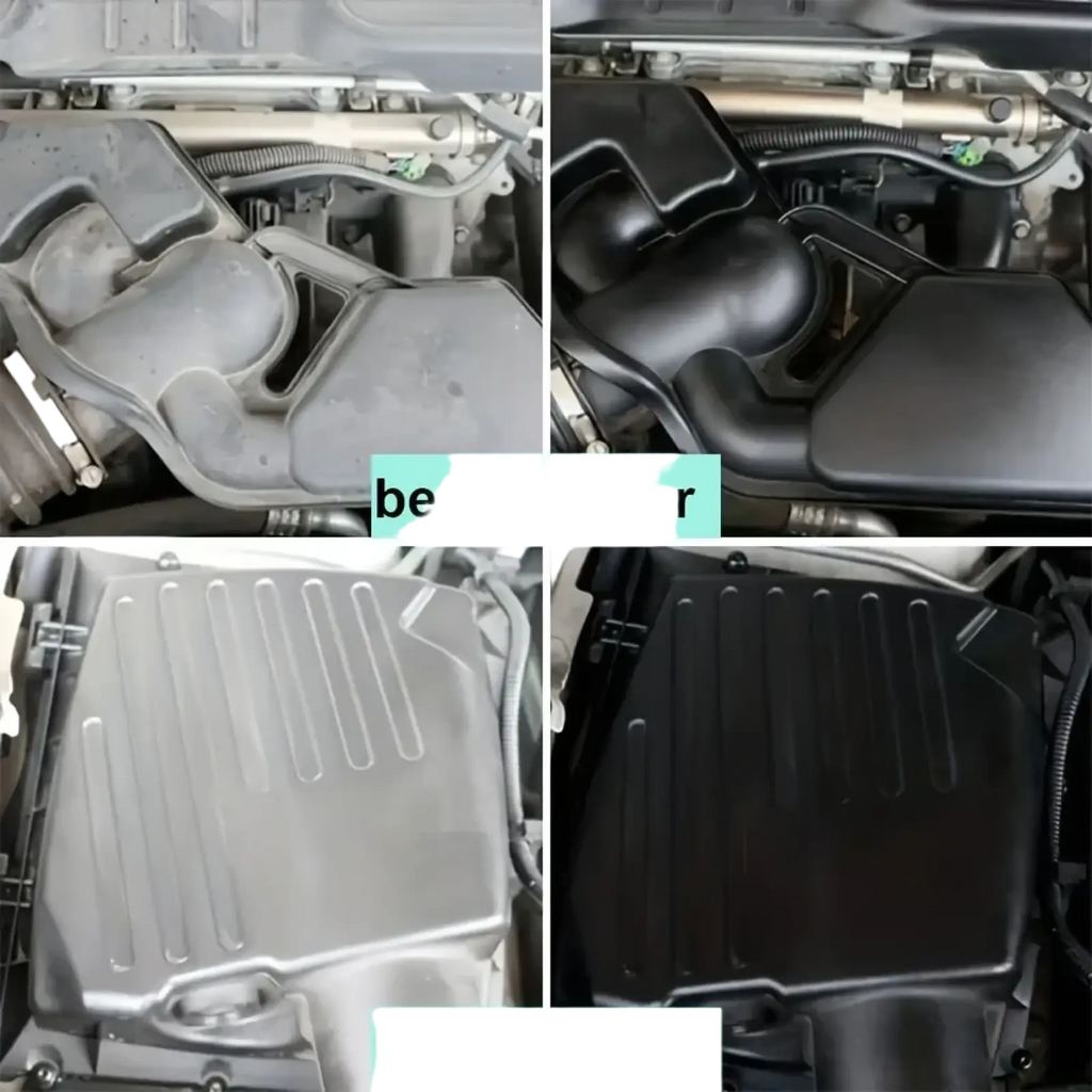 Black plastic engine cover with ribbed texture and molded contours for engine bay cleaner and plastic restorer use