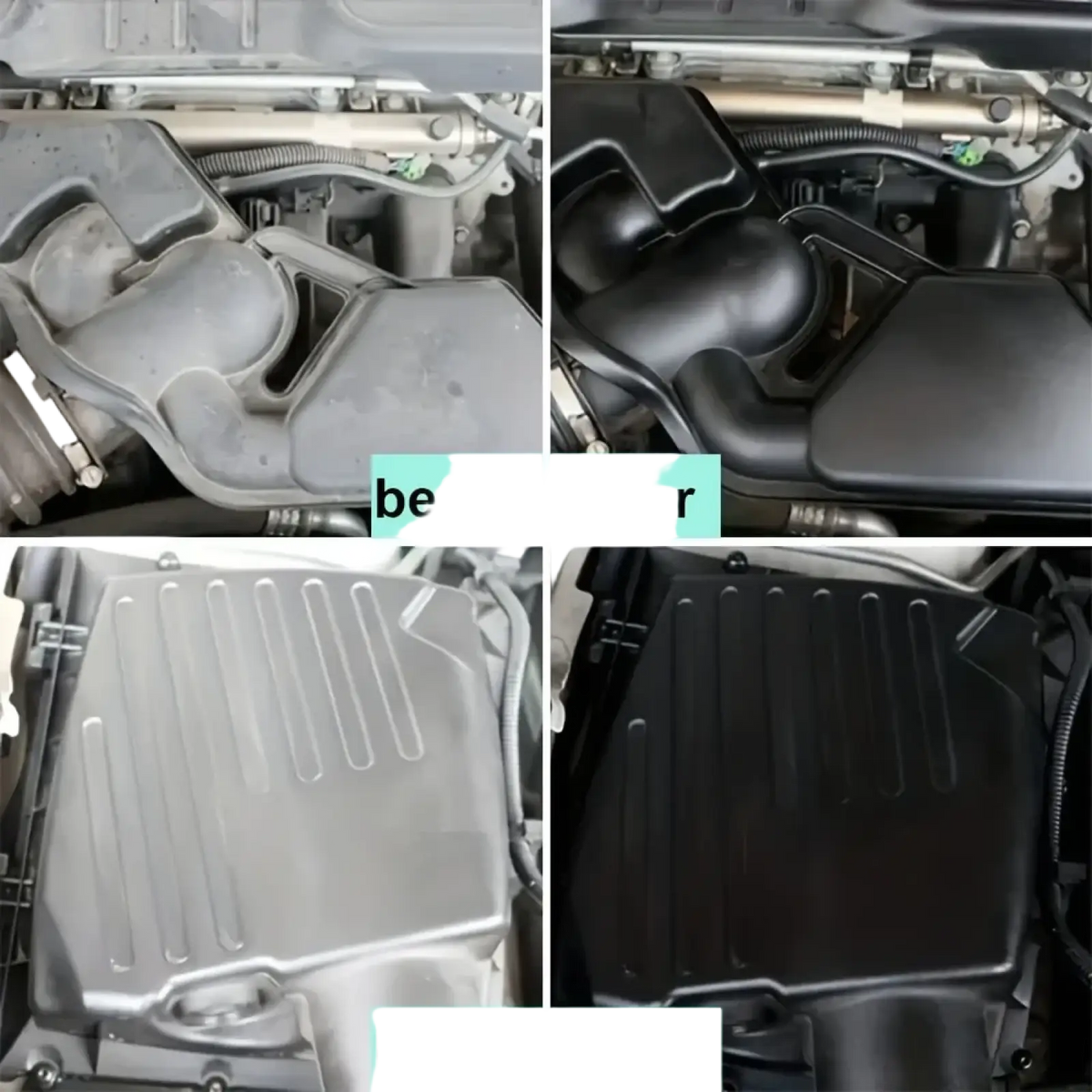 Black plastic engine cover with ribbed texture and molded contours for engine bay cleaner and plastic restorer use