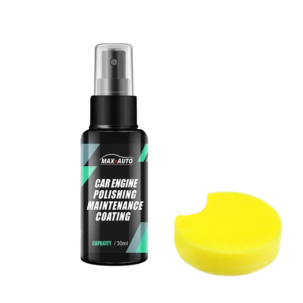 Black spray bottle with teal geometric accents labeled max auto car engine polishing maintenance coating 30ml for engine bay cleaning and plastic restoration