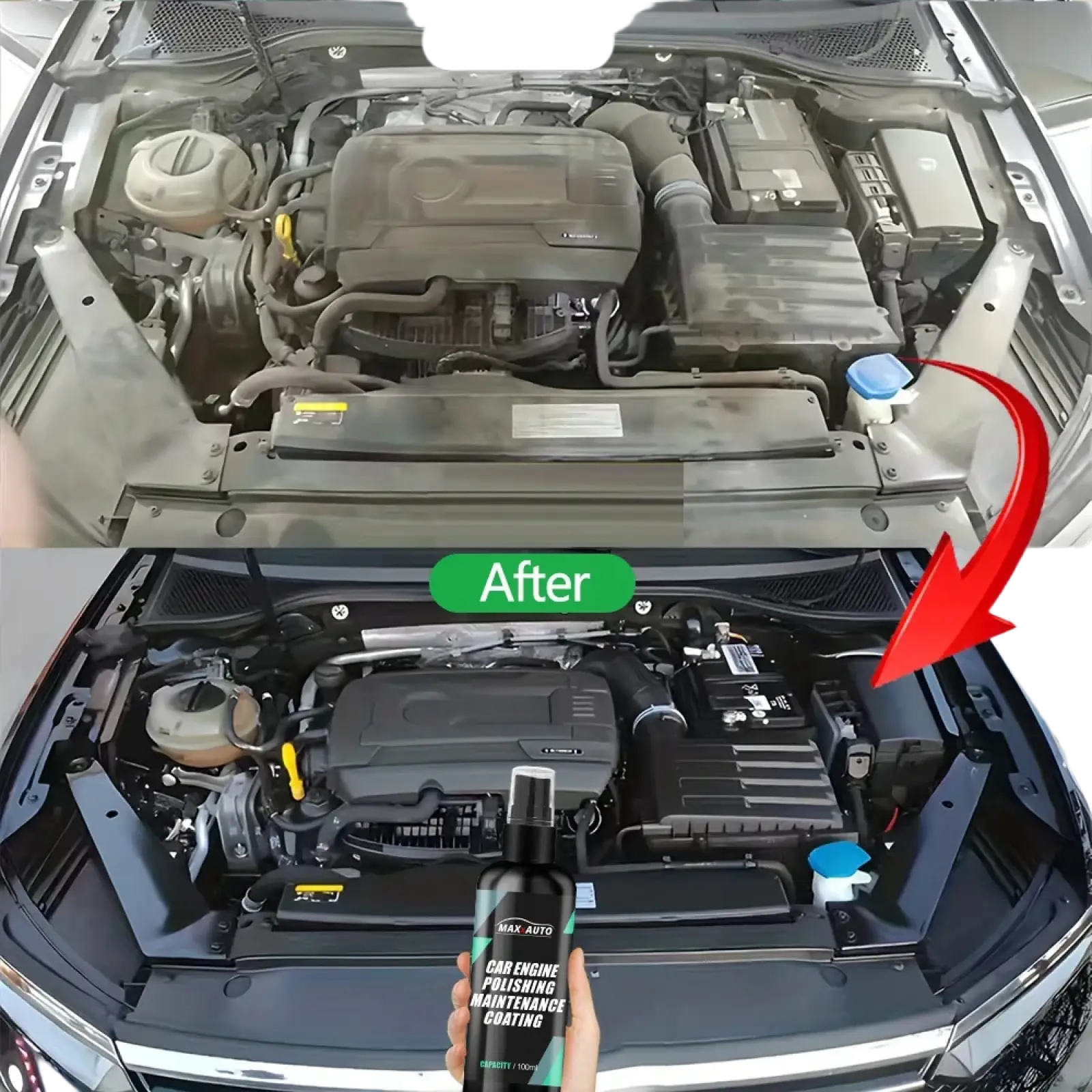 Black spray bottle of max auto engine bay cleaner and plastic restorer with white nozzle and green label accents