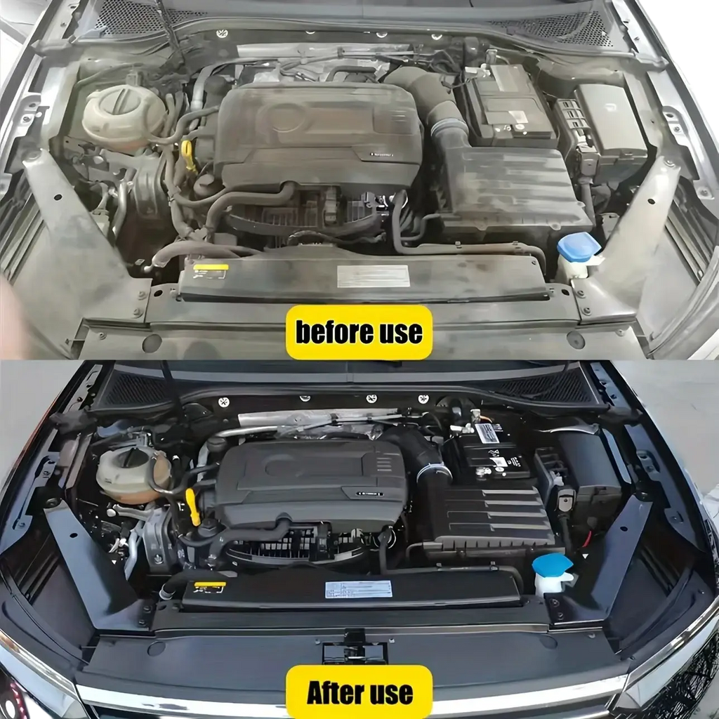 Cleaned engine bay of a volkswagen passat with black plastic components and metallic parts using engine bay cleaner and plastic restorer