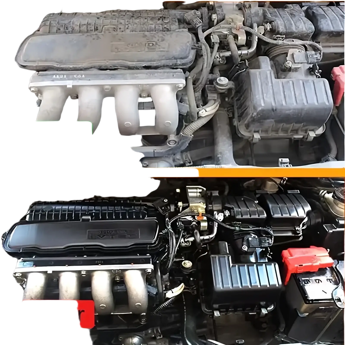 Cleaned engine bay with black plastic components and metallic intake manifold restored using engine bay cleaner and plastic restorer