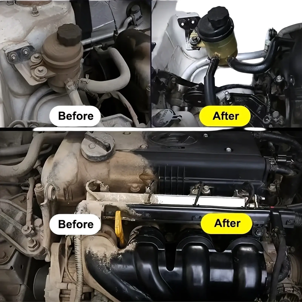 Cleaned engine bay components featuring a black plastic reservoir cap and yellow fluid reservoir with a black top using engine bay cleaner and plastic restorer