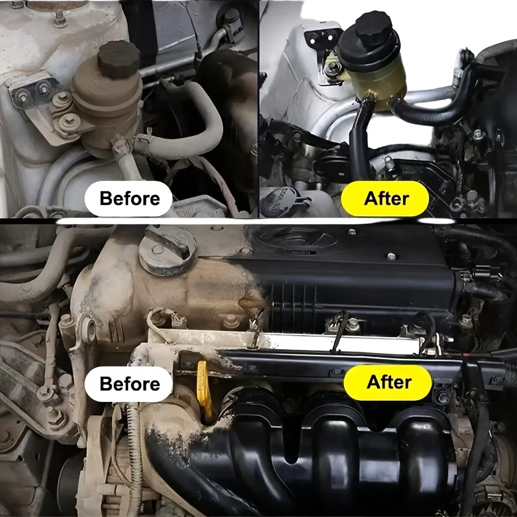 Cleaned engine bay components featuring a black plastic reservoir cap and yellow fluid reservoir with a black top using engine bay cleaner and plastic restorer