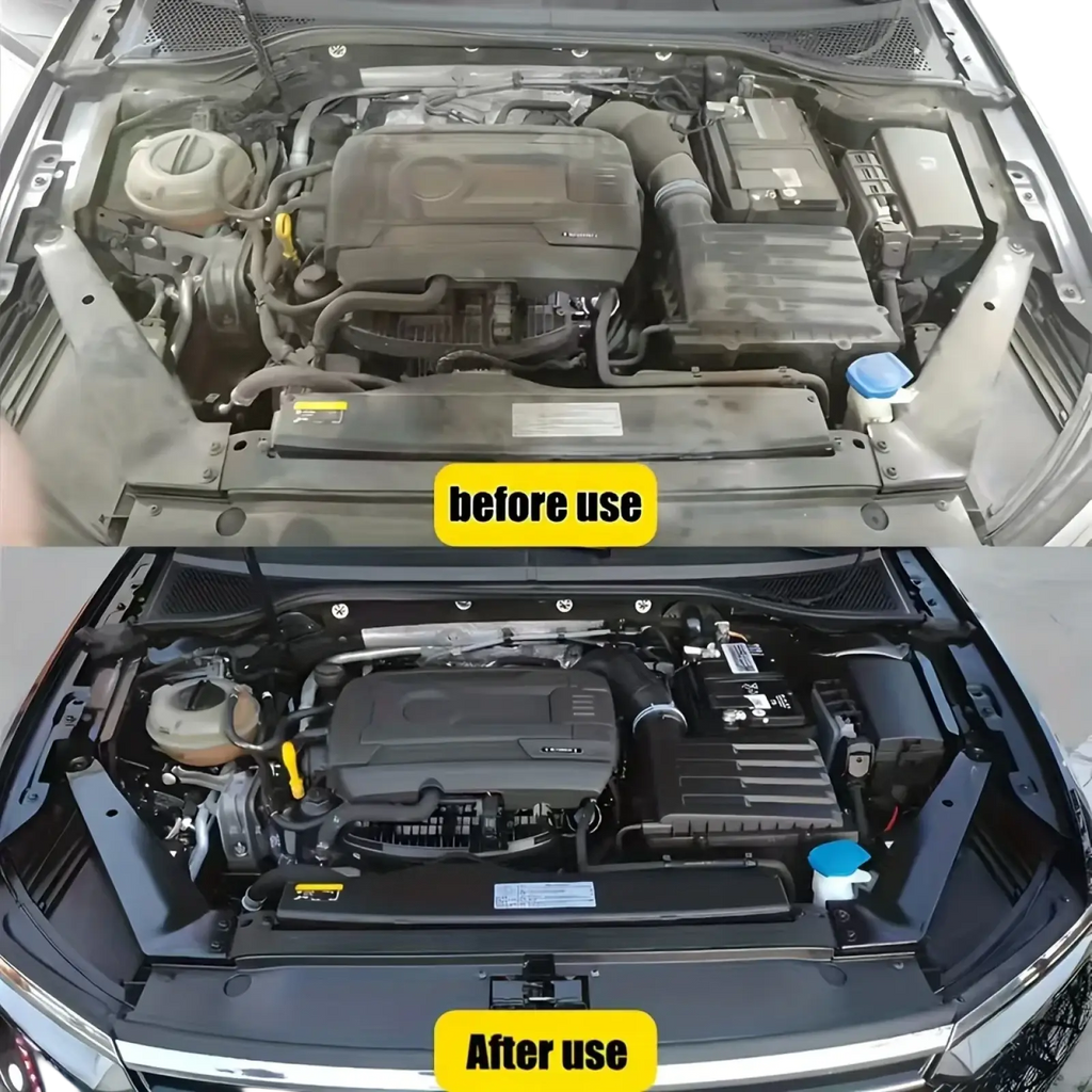 Cleaned engine bay of a volkswagen passat with black plastic components and metallic parts using engine bay cleaner and plastic restorer