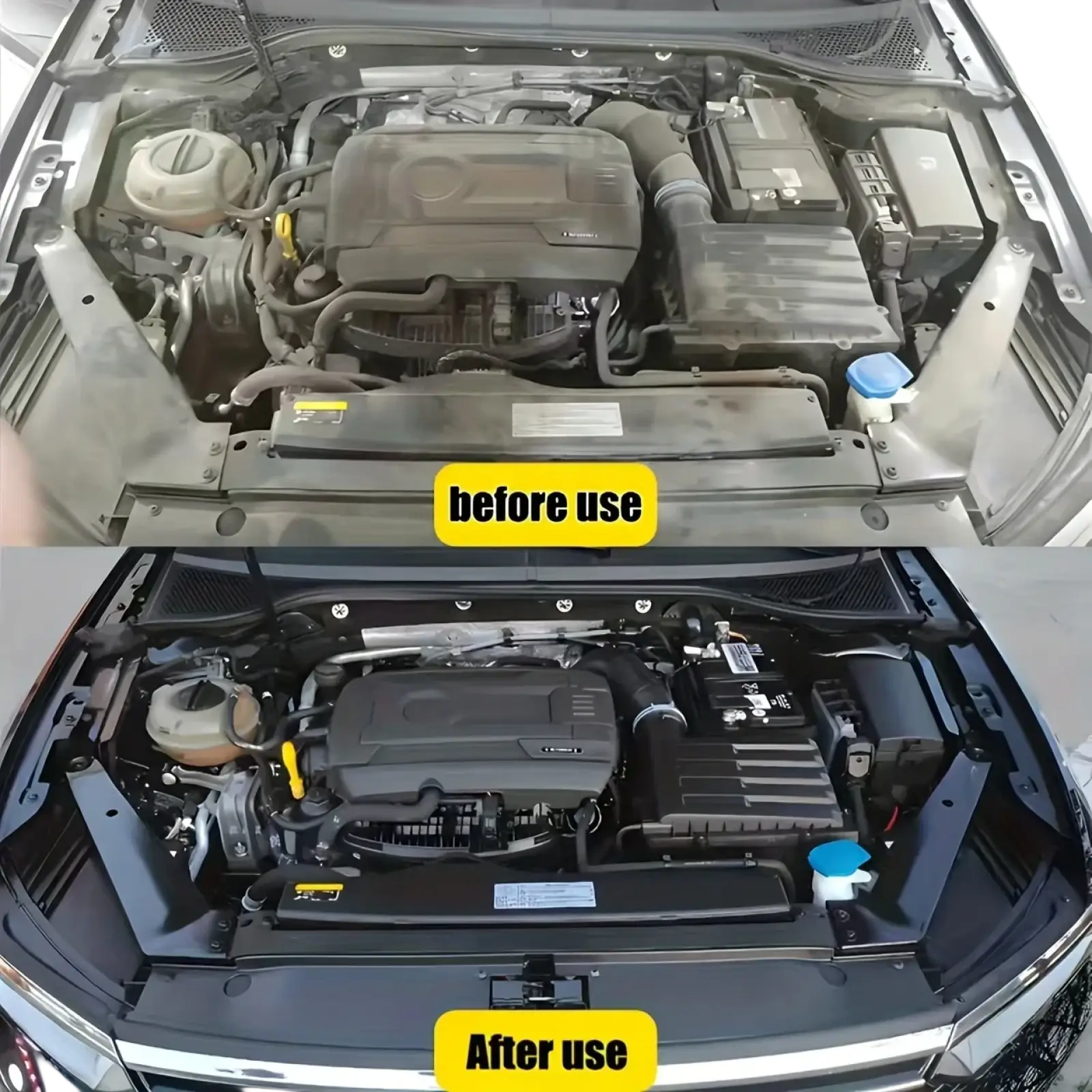 Cleaned engine bay of a volkswagen passat with black plastic components and metallic parts using engine bay cleaner and plastic restorer