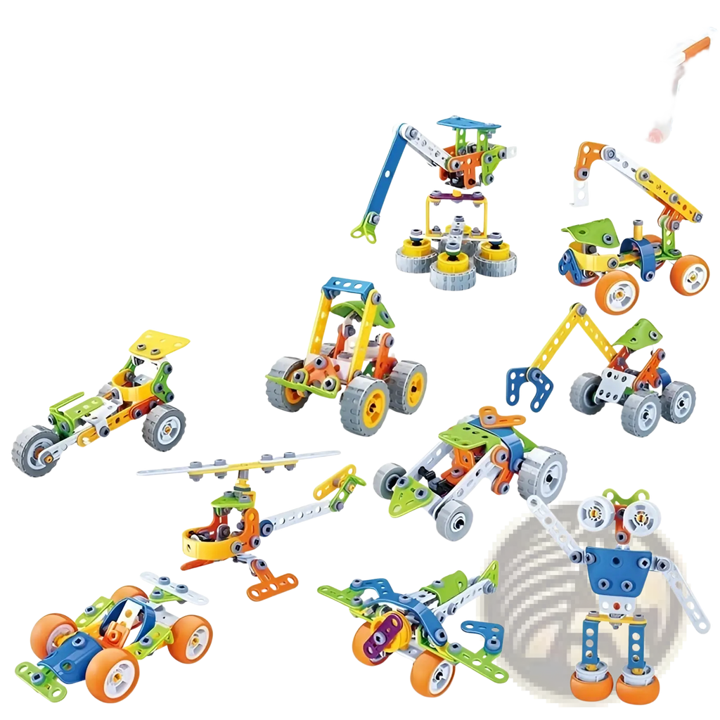 Colorful mechanical engineering vehicle robot 10 in 1 building block set in a clear plastic storage box