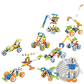 Colorful mechanical engineering vehicle robot 10 in 1 building block set in a clear plastic storage box