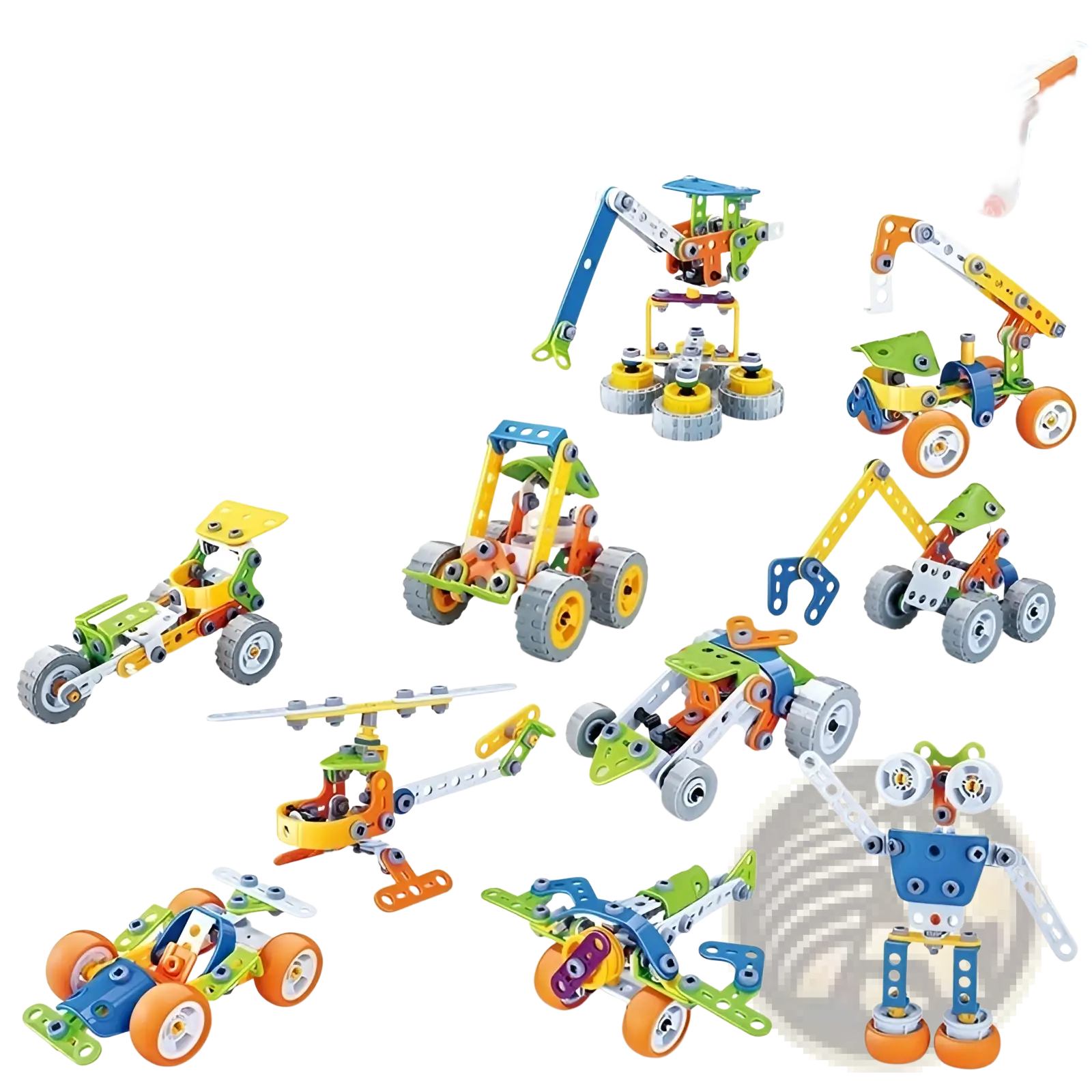 Colorful mechanical engineering vehicle robot 10 in 1 building block set in a clear plastic storage box
