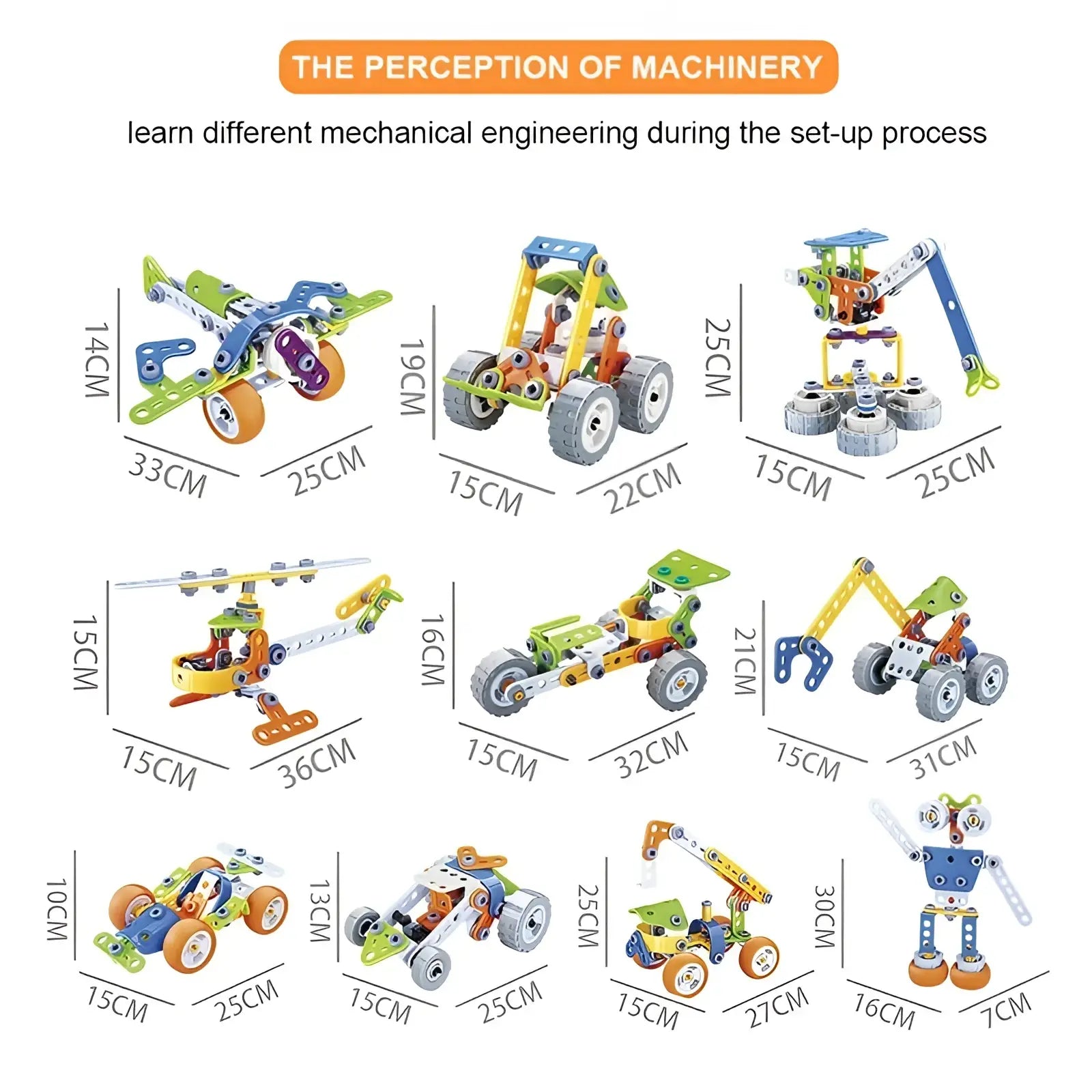 Colorful metal and plastic mechanical engineering kits featuring airplanes vehicles robots and construction equipment