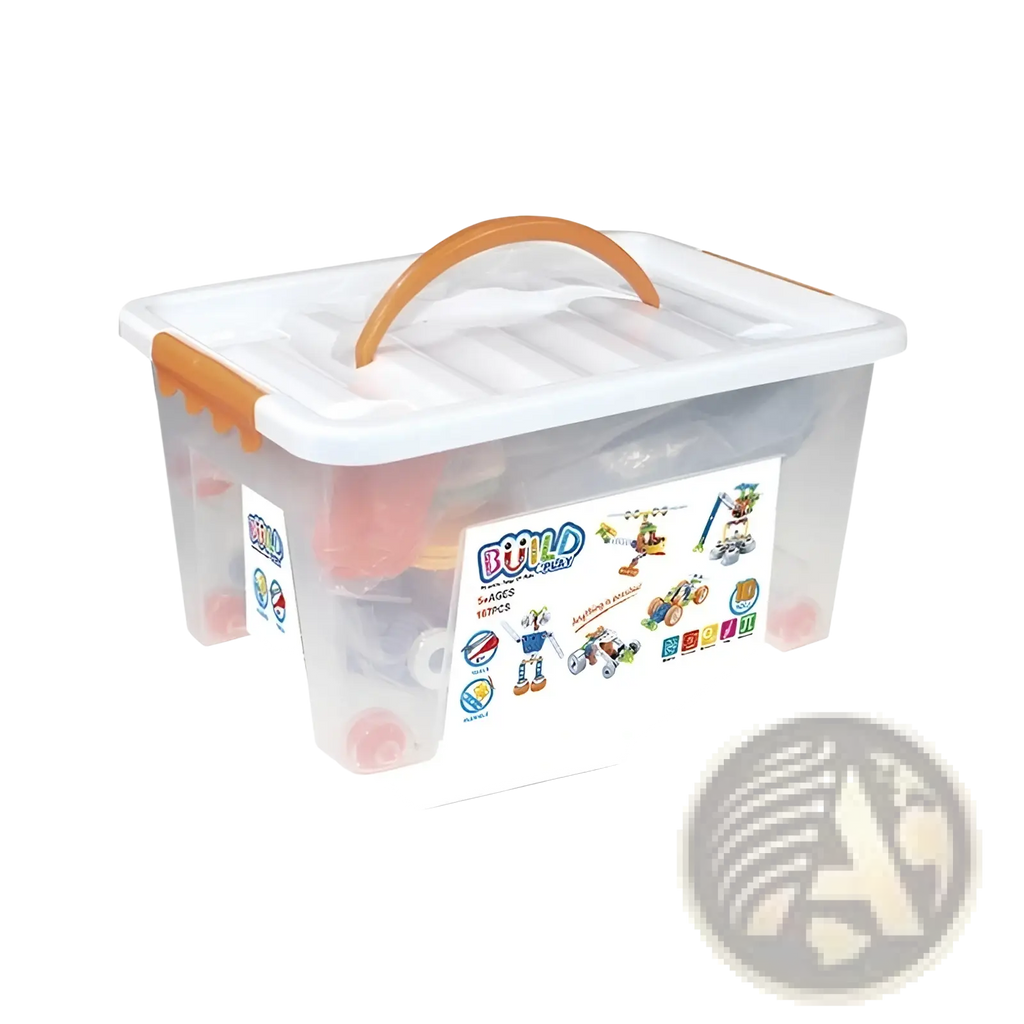 Clear plastic engineering vehicle robot 10 in 1 building block storage box with orange handle and colorful label