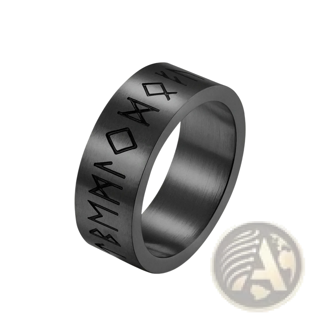 Black stainless steel engraved runic titanium steel band ring for men and women with detailed symbols