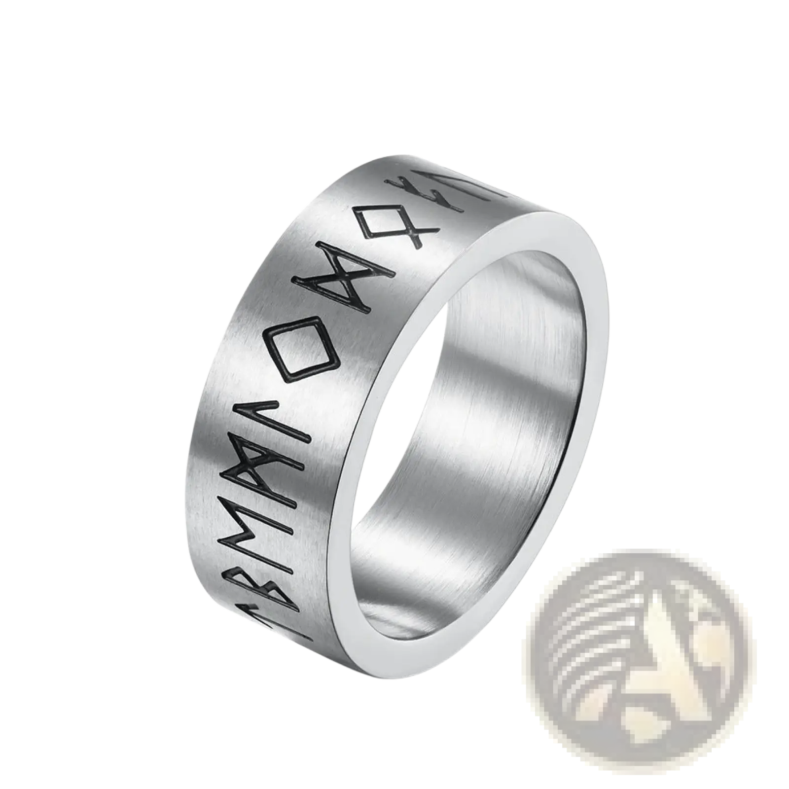 Engraved runic titanium steel band ring for men and women in silver-toned stainless steel with runic symbols
