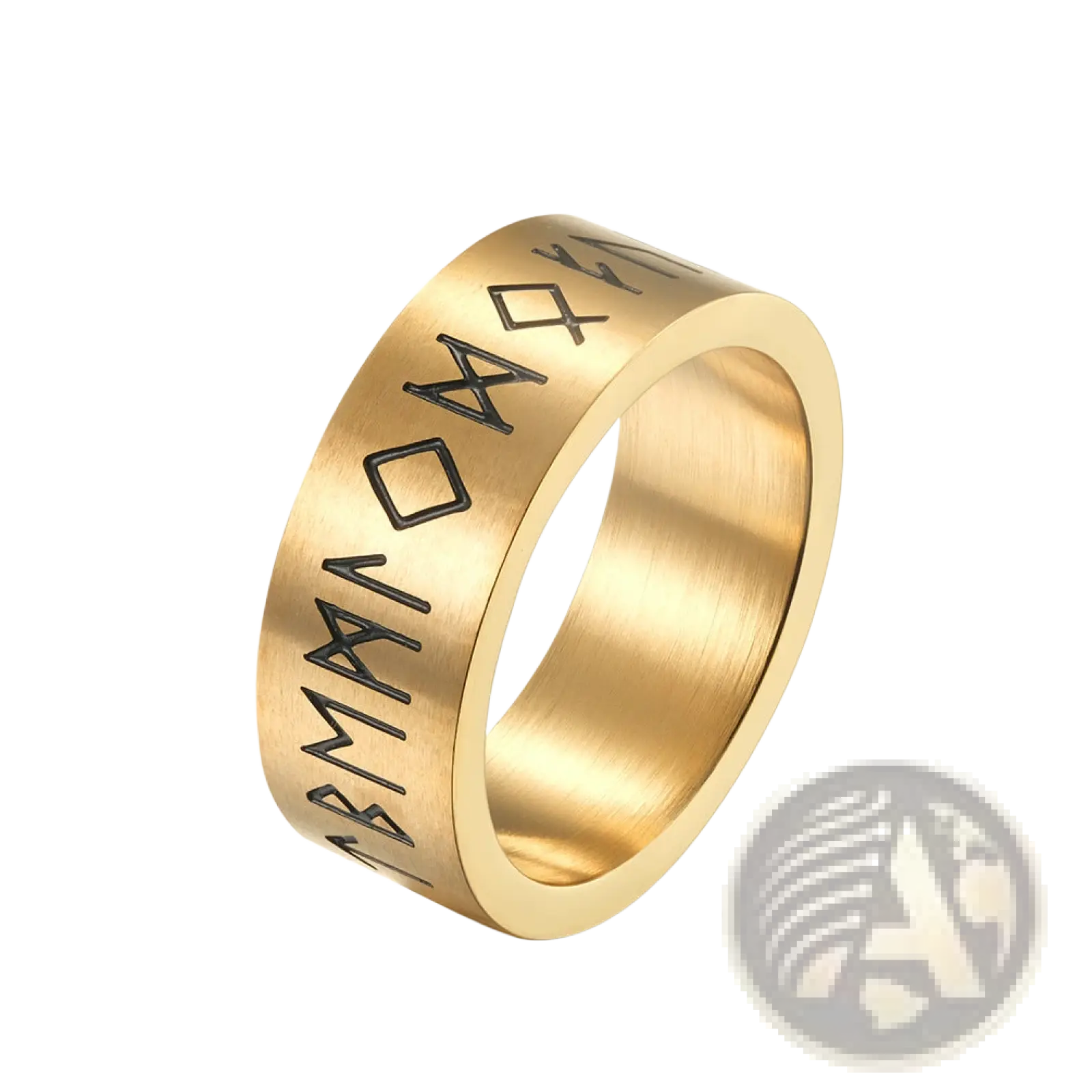 Engraved runic titanium steel band ring for men and women in gold tone with engraved runic symbols along the band